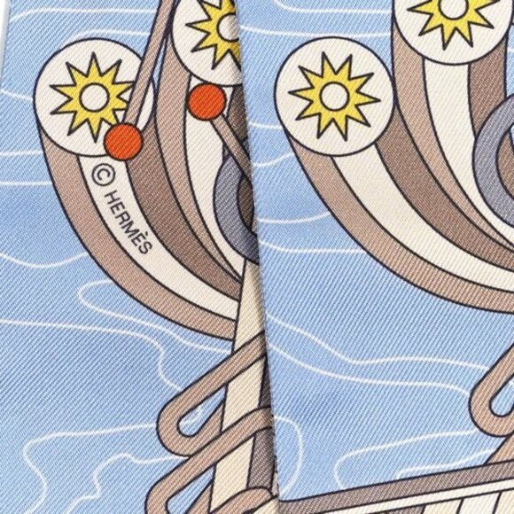 Rare Authentic Vintage HERMES Odyssey Beige Bleu Ciel&Jaune Vif 100% Silk Twilly - Picture 7 of 8